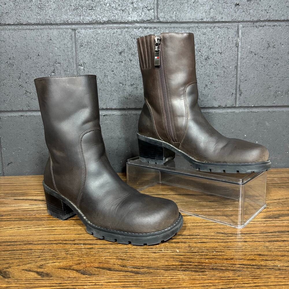 Vintage Y2K Tommy Hilfiger Women’s 6.5 Brown Leather Moto Boots Chunky Lug Sole